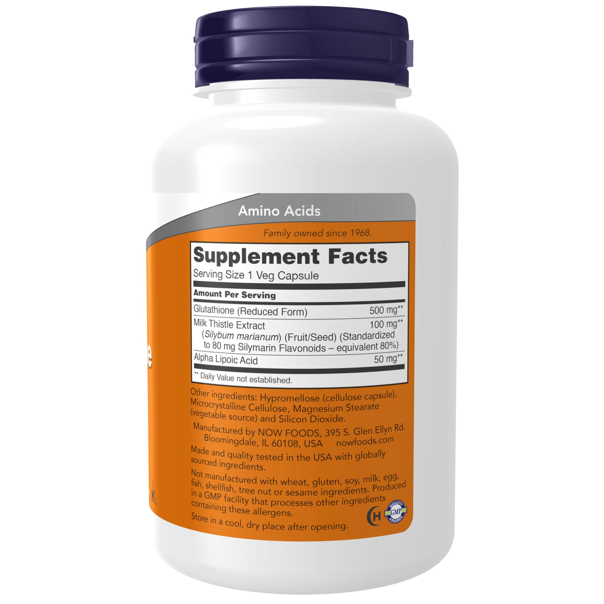 NOW Foods Glutathione 500 mg 120 capsules végétales, vue de dos