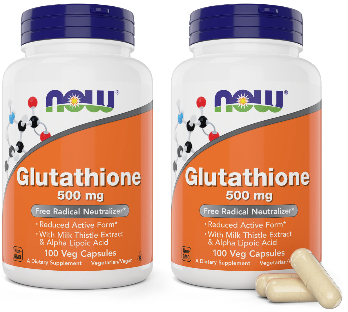 NOW Foods Glutathione 500 mg 2 Pack vue avant des bouteilles