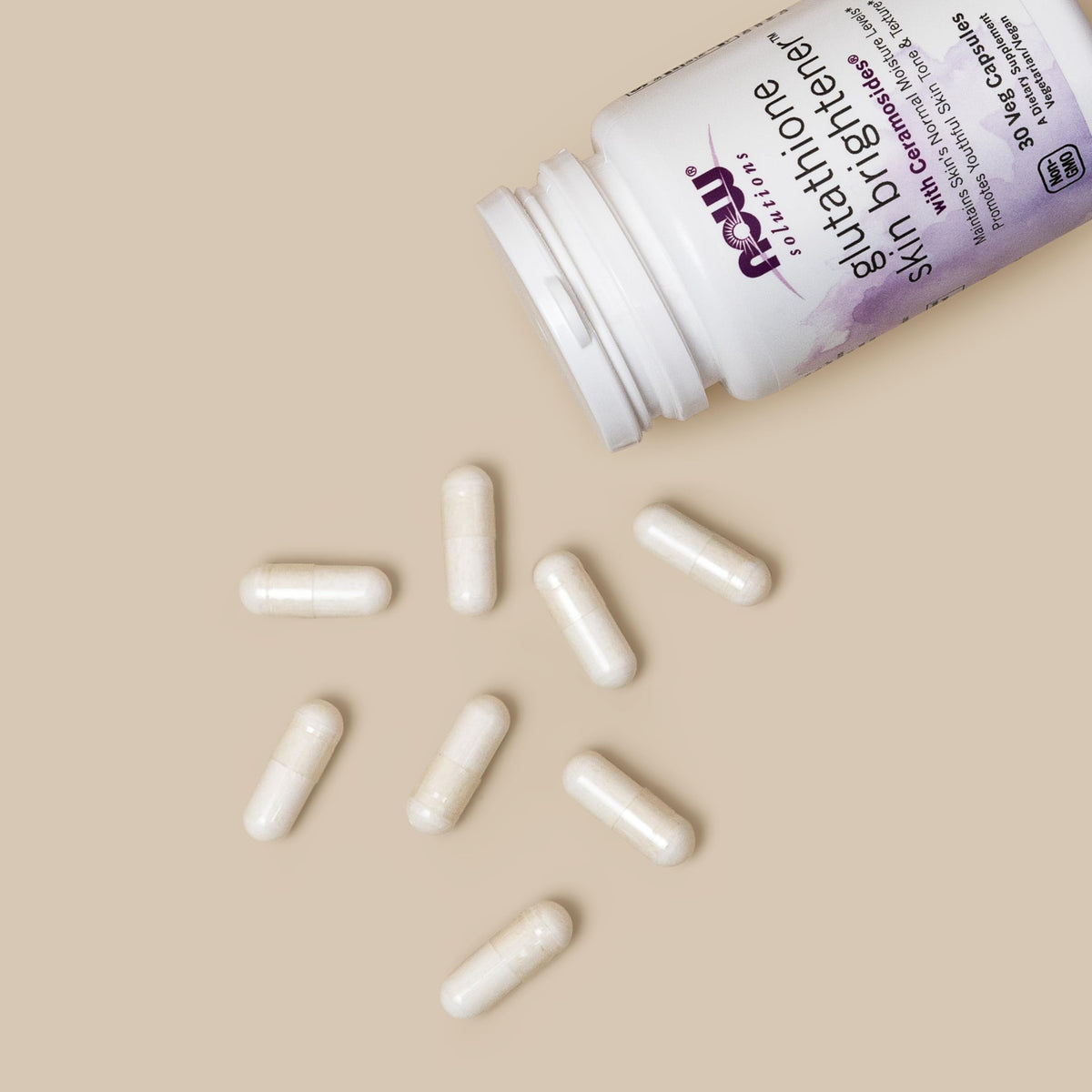 NOW Foods Glutathione Skin Brightener with a green plant background