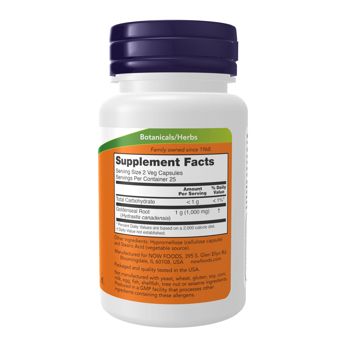 NOW Foods Goldenseal Root 500 mg vue arrière avec informations nutritionnelles