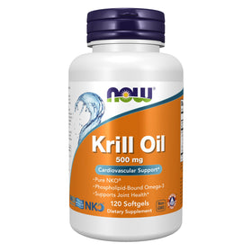 NOW Foods Huile de Krill 500 mg gélules sur fond blanc