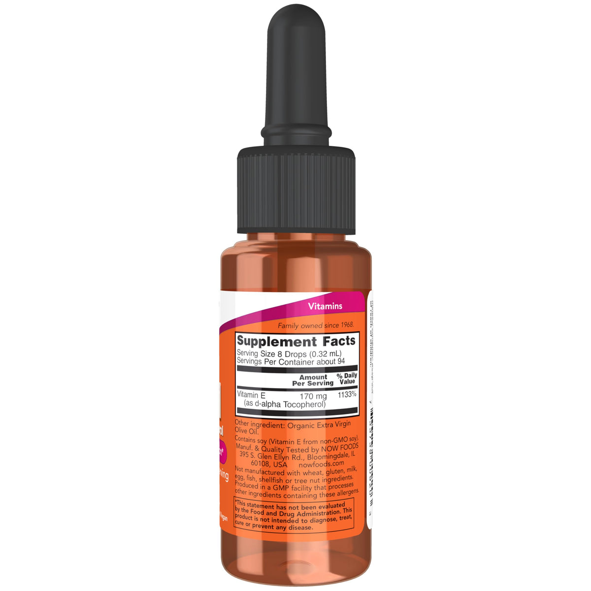 NOW Foods huile de vitamine E liquide 1 oz arrière
