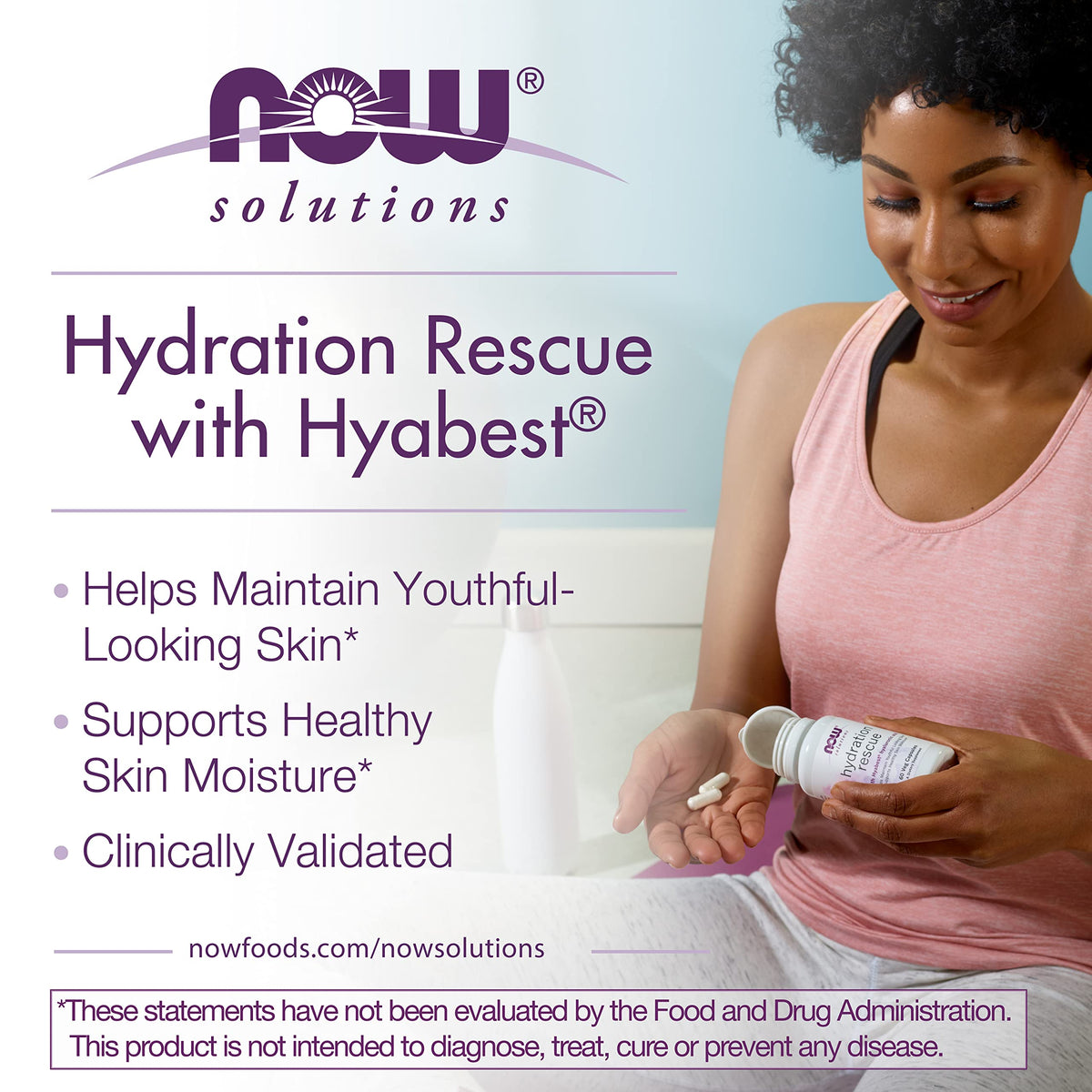 NOW Foods Hydration Rescue Acide Hyaluronique étiquette sur la bouteille