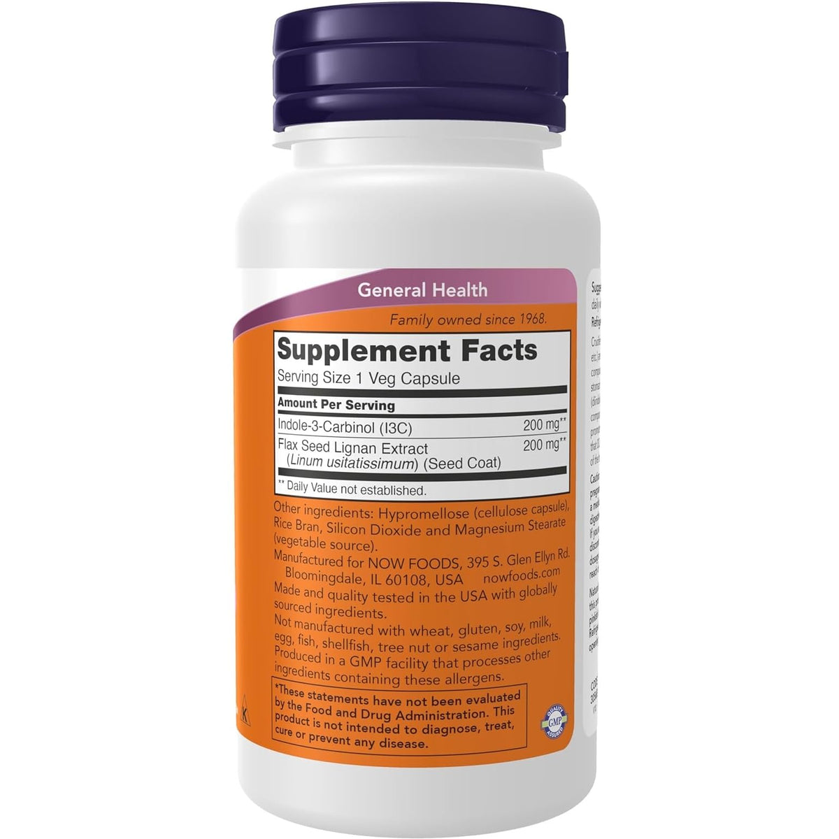 NOW Foods Indole-3-Carbinol 200 mg 60 capsules végétales vue arrière