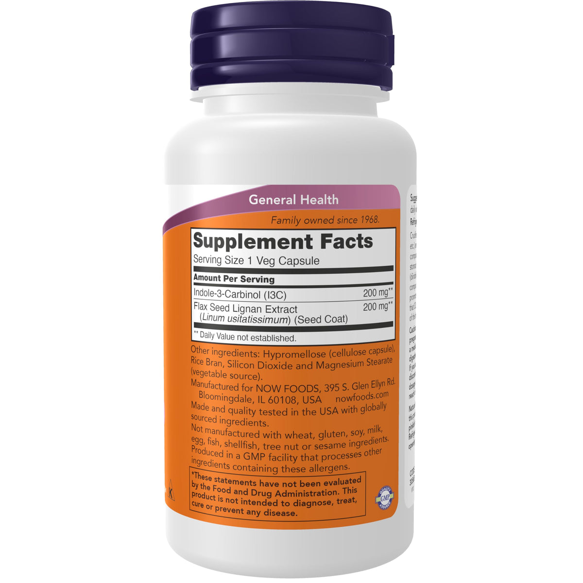 NOW Foods Indole-3-Carbinol 200 mg, vue arrière de l'emballage