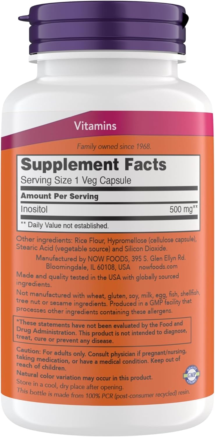 NOW Foods Inositol 500 mg 200 capsules végétariennes vue de dos