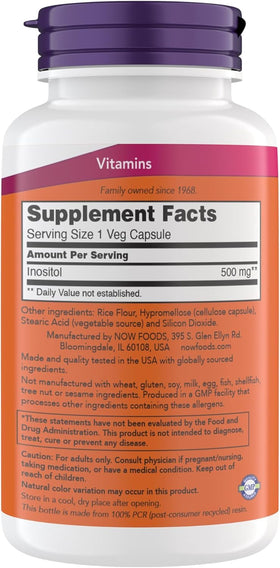 NOW Foods Inositol 500 mg 200 capsules végétariennes vue de dos