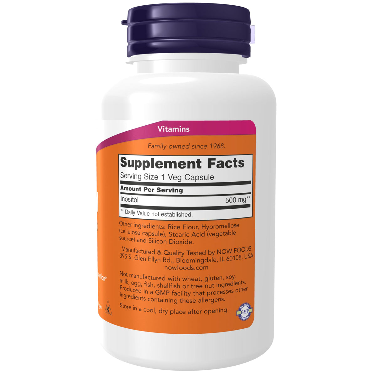 NOW Foods Inositol 500mg capsules sur fond neutre