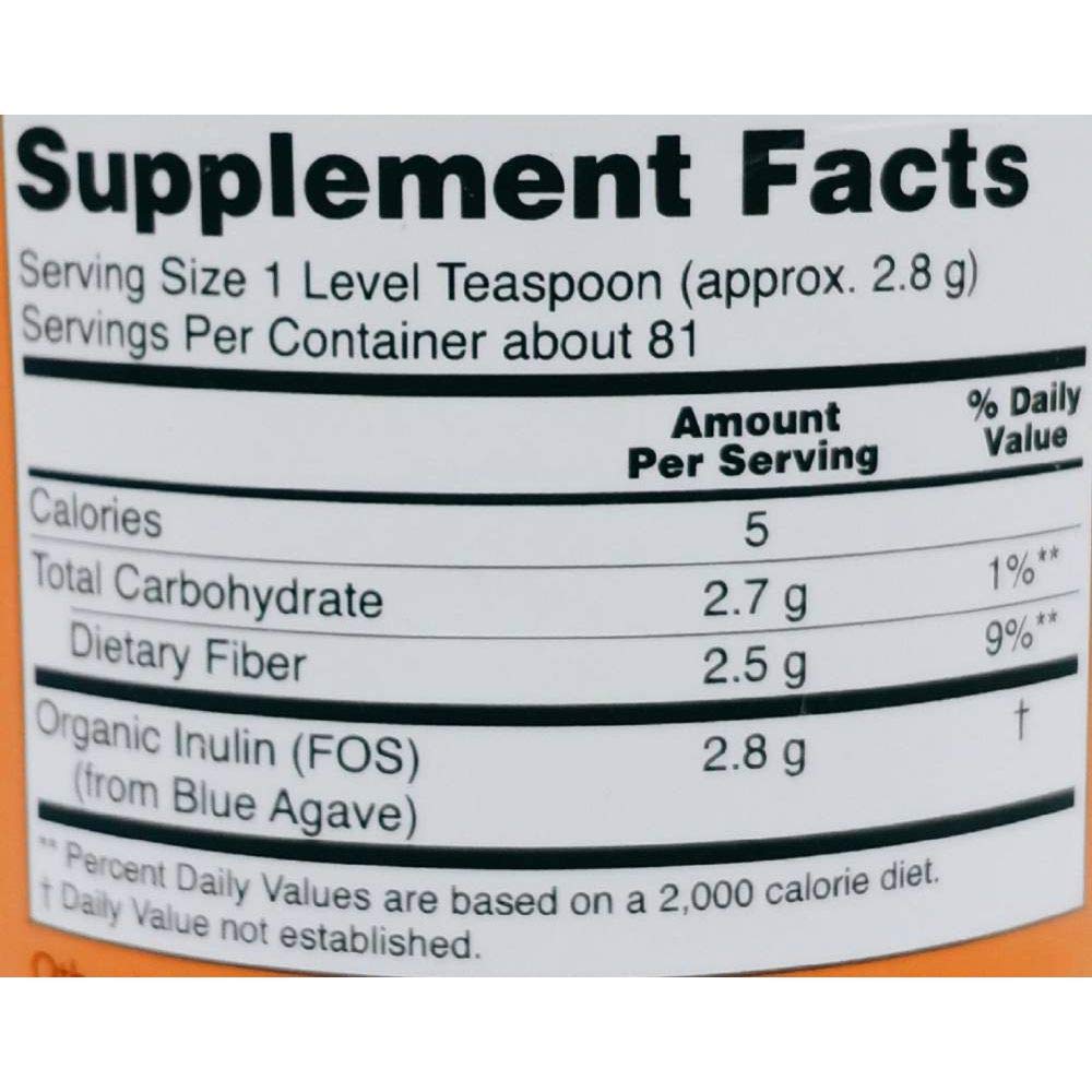 NOW Foods Inuline Prébiotique Fos échantillon de poudre sur une cuillère