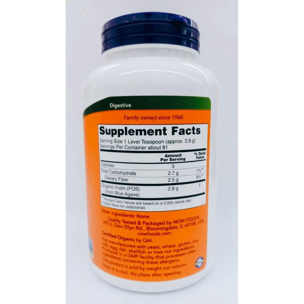 NOW Foods Inuline Prébiotique Fos vue arrière avec informations nutritionnelles