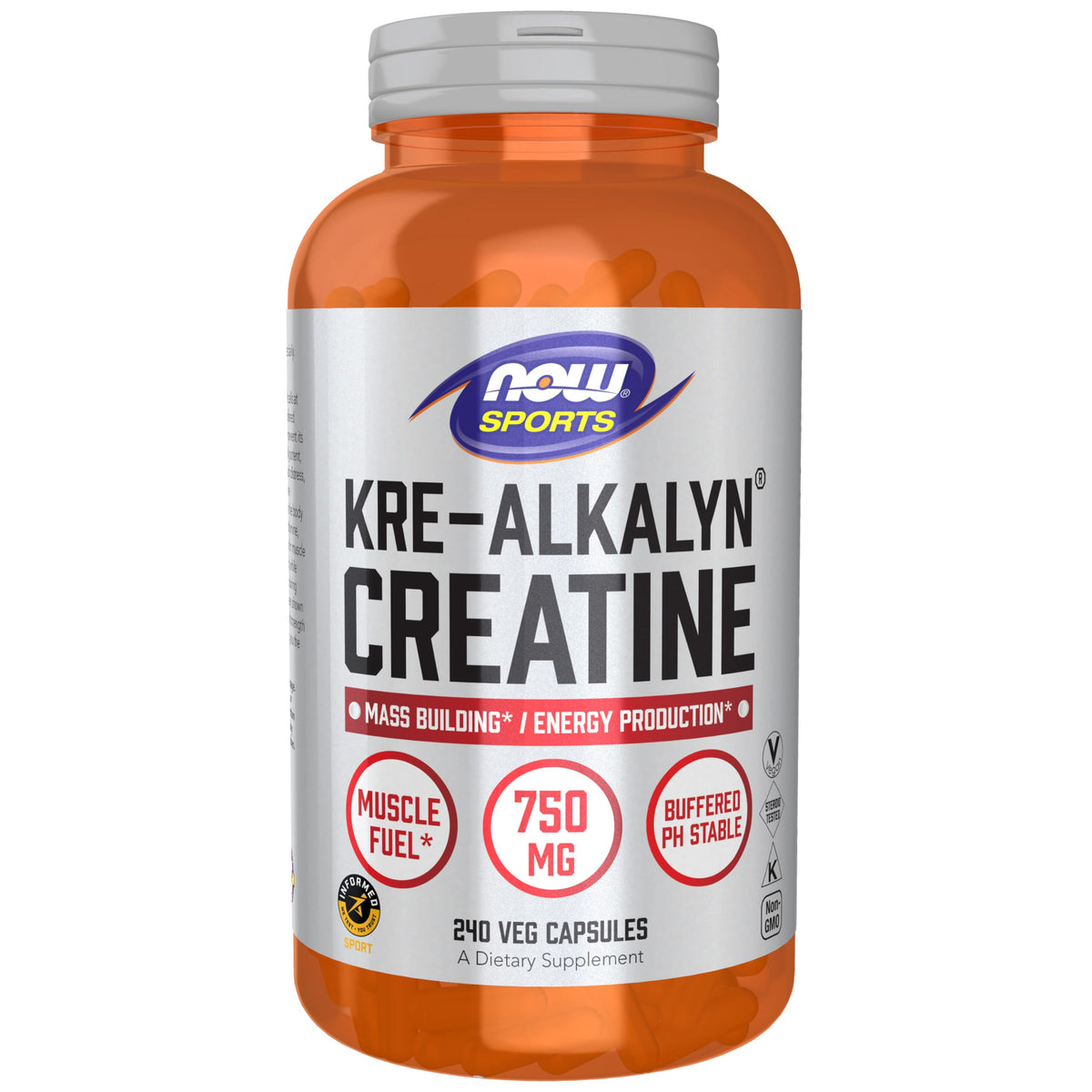 NOW Foods Kre-Alkalyn Créatine 750 mg 240 gélules végétales vue de face