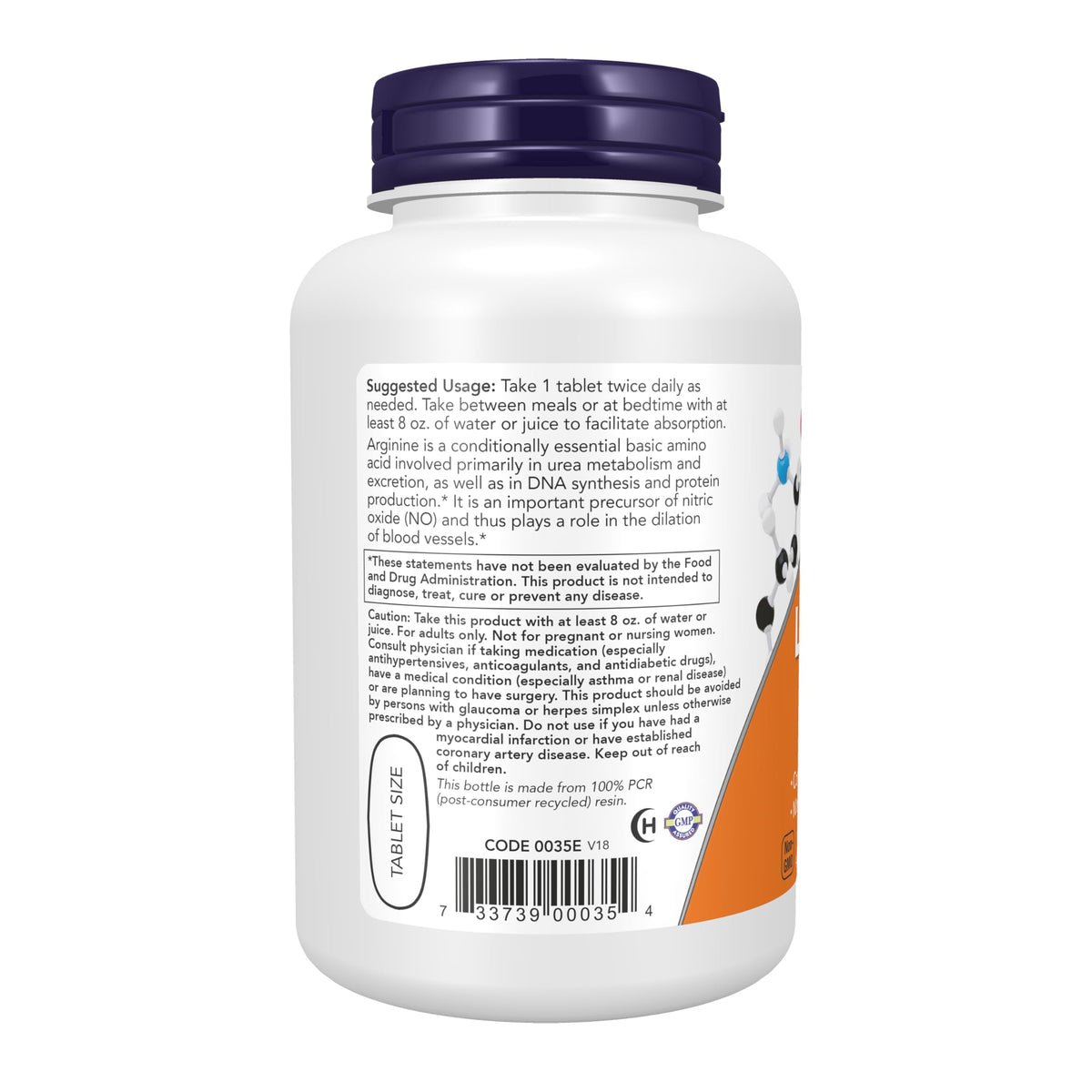 NOW Foods L-Arginine 1 000 mg comprimés avec étiquette et dosage