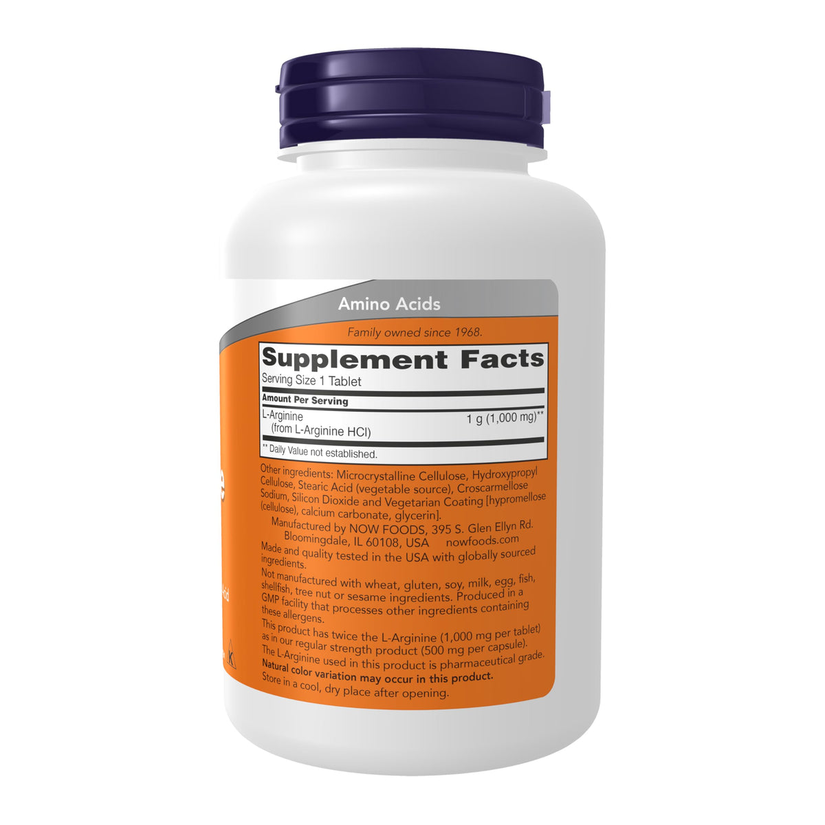 NOW Foods L-Arginine 1 000 mg comprimés vue arrière