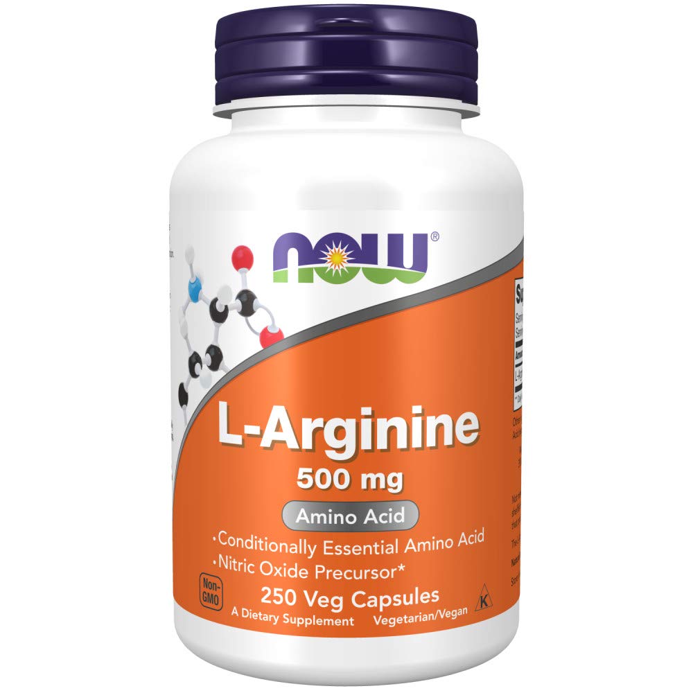 NOW Foods L-Arginine 500 mg 250 Caps - vue avant du flacon