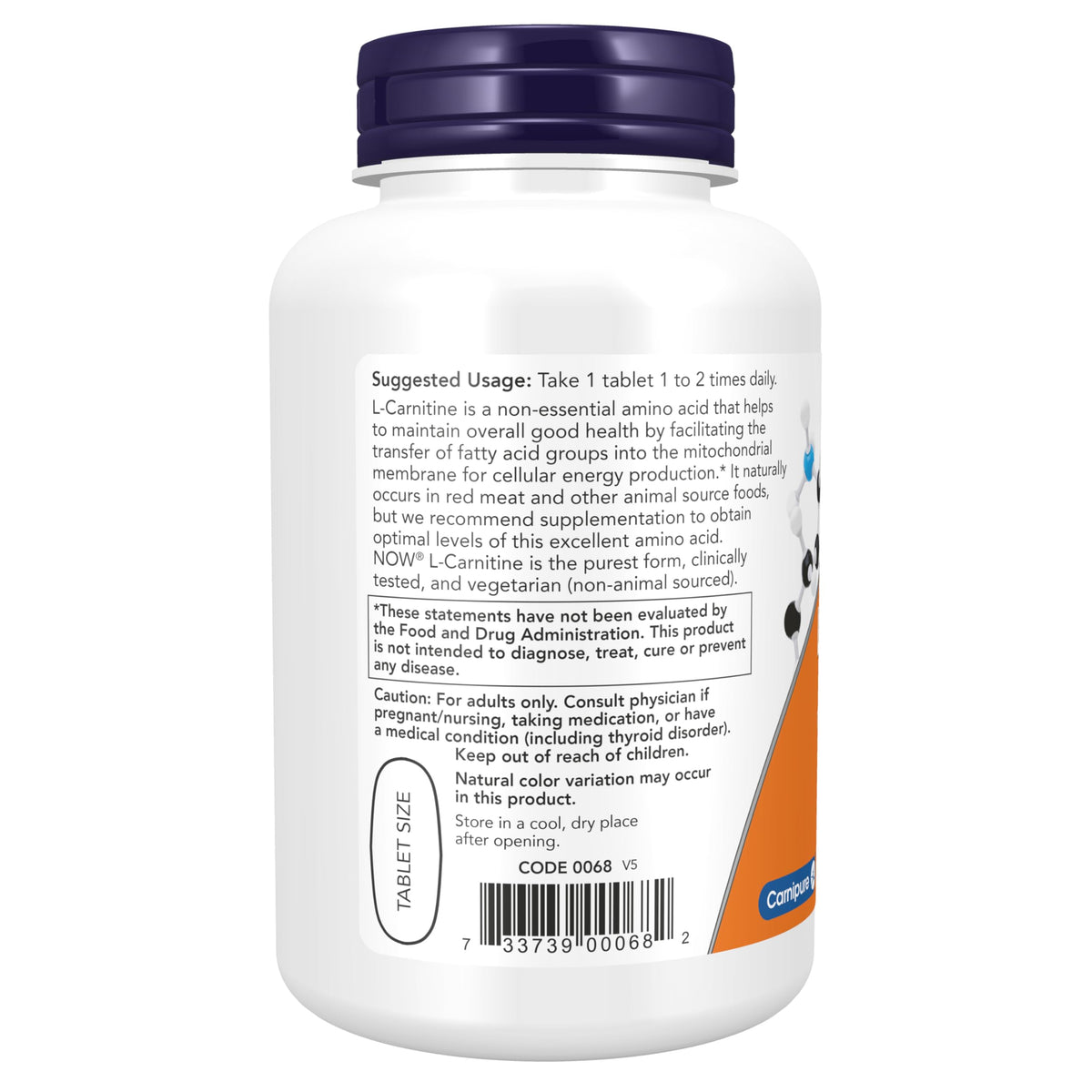 NOW Foods L-Carnitine 1 000 mg étiquette avec informations nutritionnelles