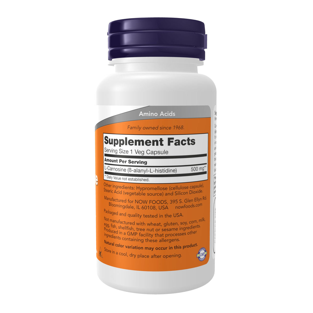 NOW Foods L-Carnosine 500 mg capsules à l'intérieur de l'emballage