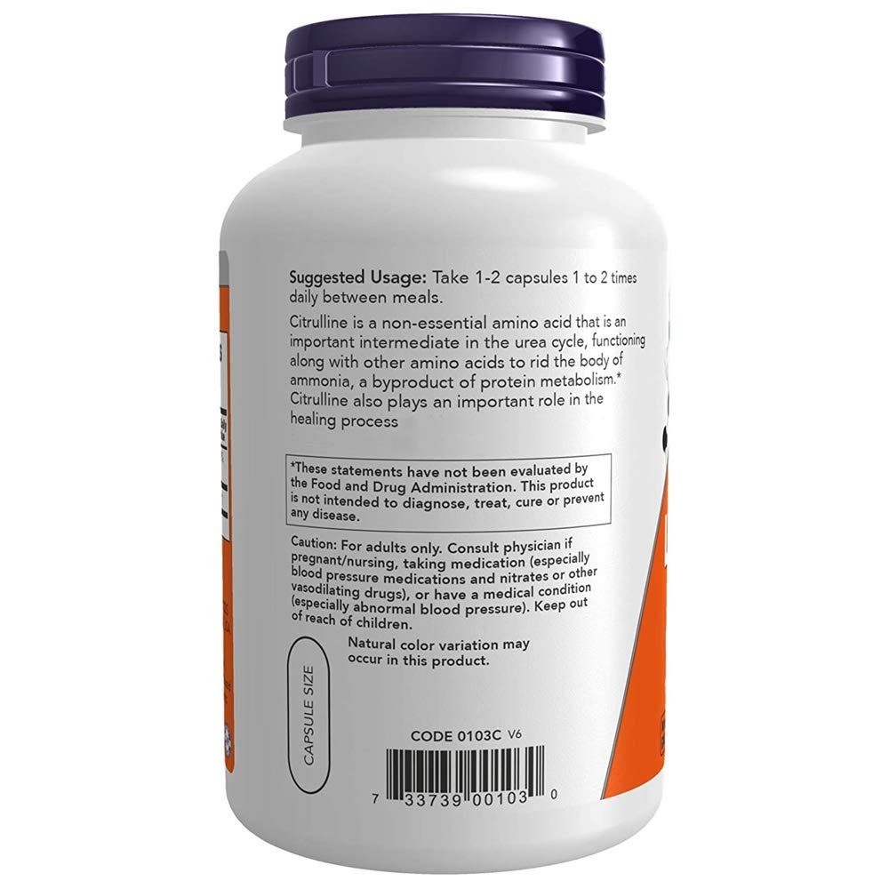 NOW Foods L-Citrulline 750 mg 180 capsules vue de côté