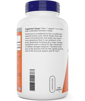 NOW Foods L-Glutamine 500 mg capsules bottle with label