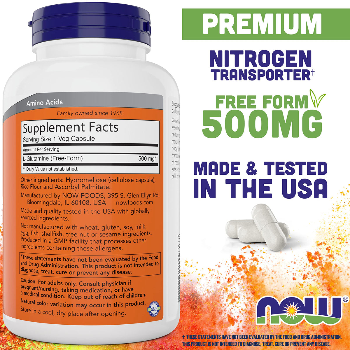 NOW Foods L-Glutamine 500 mg capsules side view