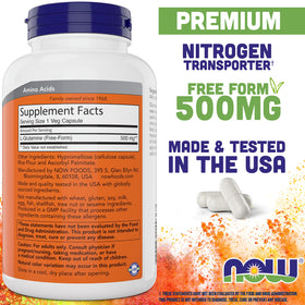 NOW Foods L-Glutamine 500 mg capsules side view