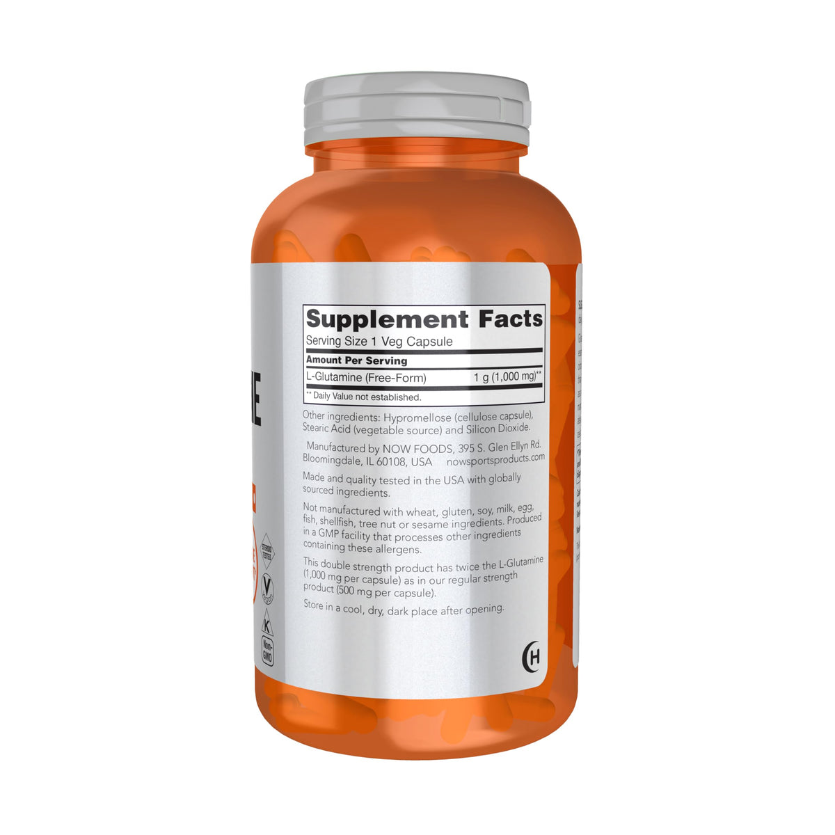 NOW Foods L-Glutamine Double Force 1 000 mg 240 capsules side view