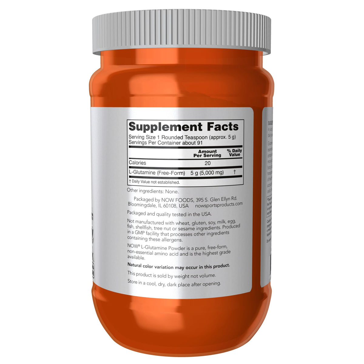 NOW Foods L-Glutamine Poudre Pure 549g étiquette