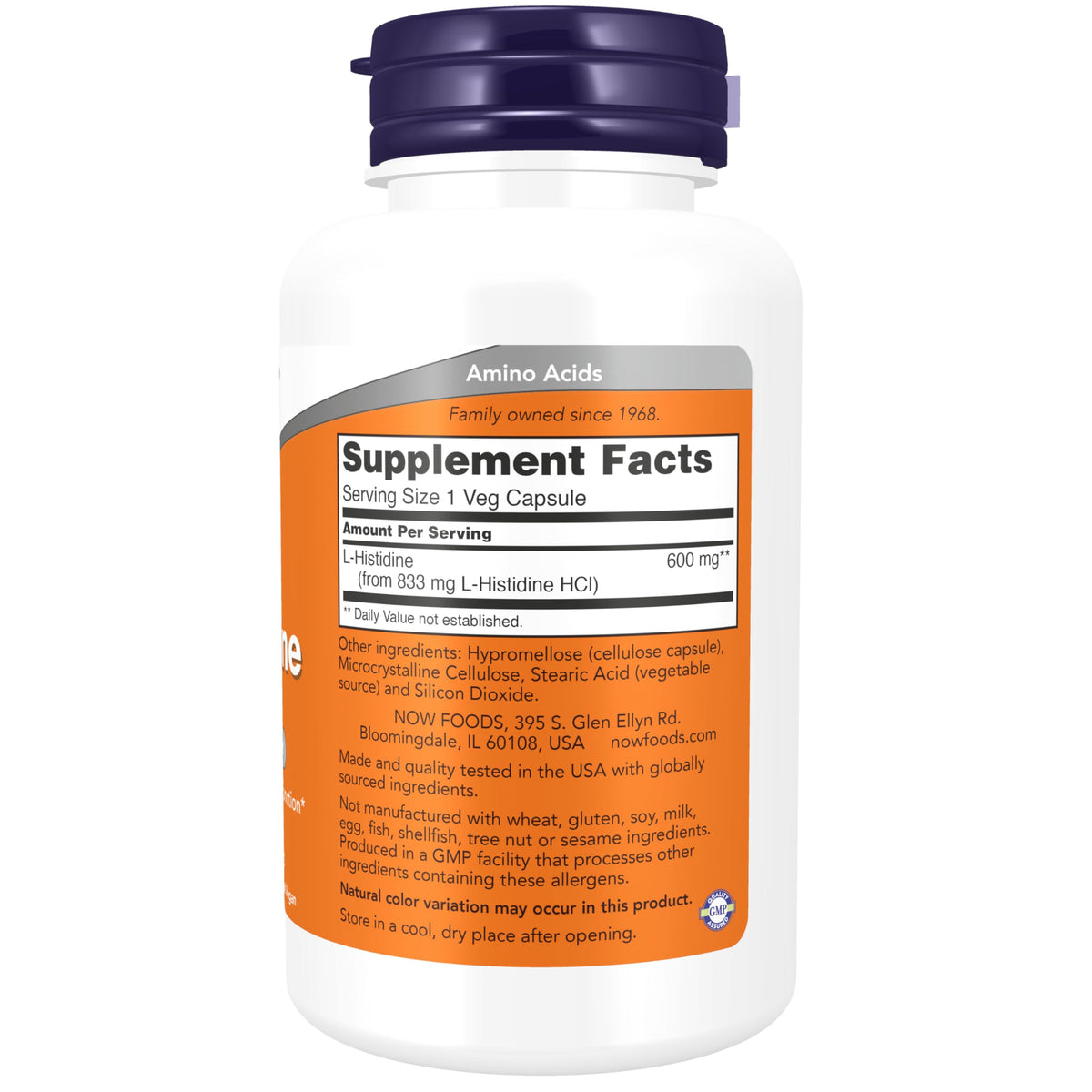 NOW Foods L-Histidine 600 mg, étiquette du produit