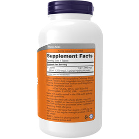 NOW Foods L-Lysine 1000 mg comprimés, vue arrière de l'emballage