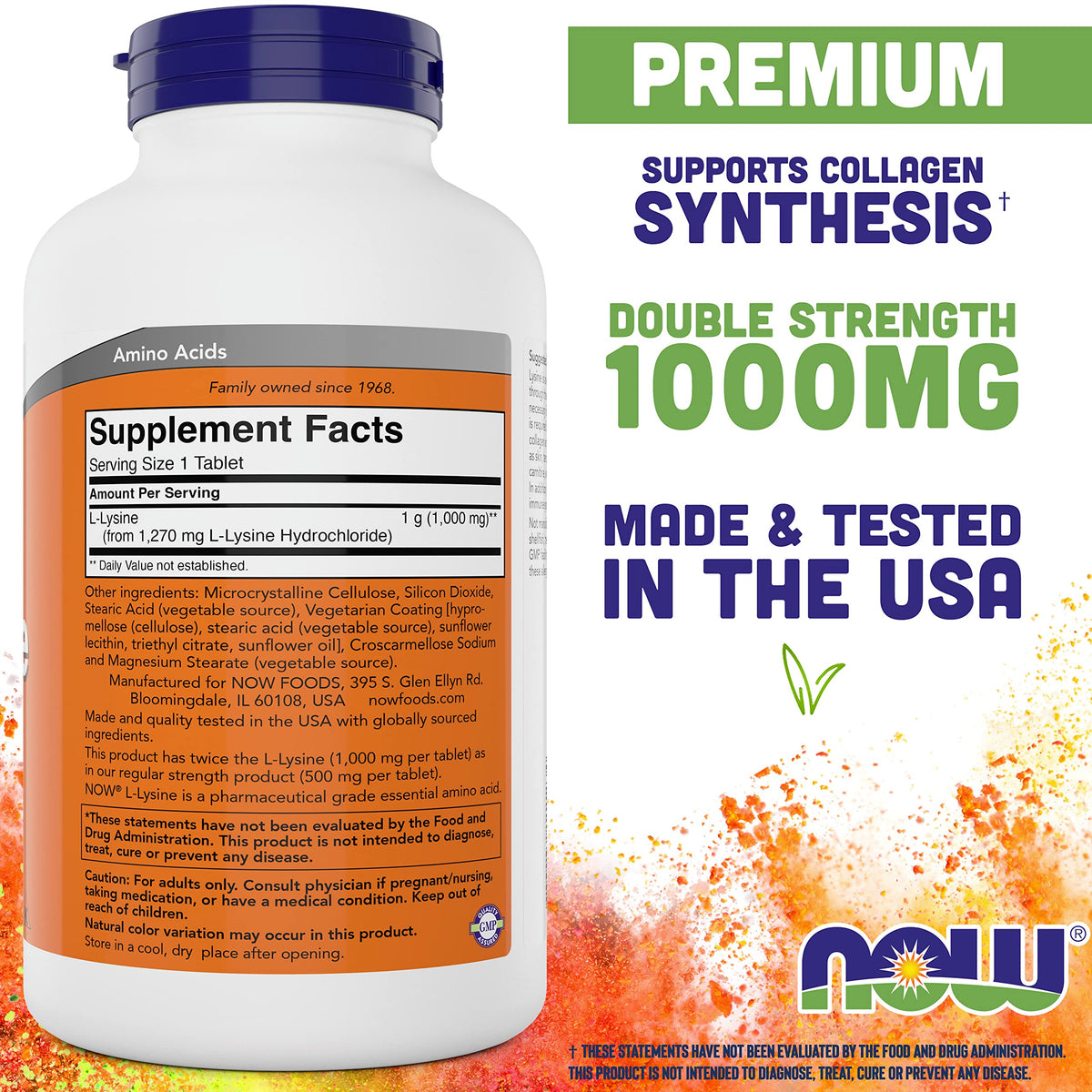 NOW Foods L-Lysine 1000mg comprimés arrière vue