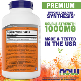 NOW Foods L-Lysine 1000mg comprimés arrière vue