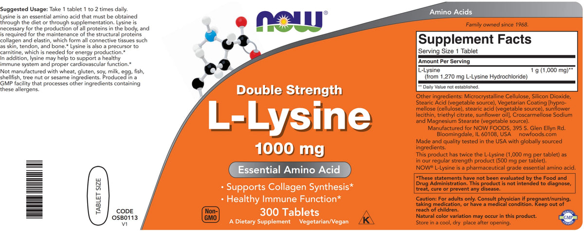 NOW Foods L-Lysine 1000mg comprimés sur une table