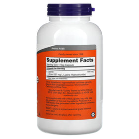 NOW Foods L-Lysine 500 mg 250 capsules vue de côté