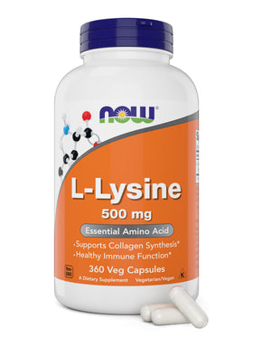 NOW Foods L-Lysine 500 mg 360 gélules végétariennes vue de face