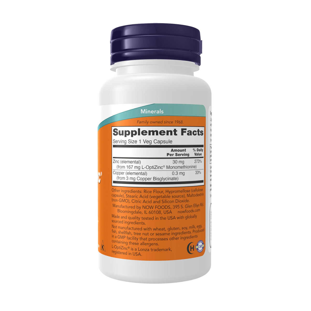 NOW Foods L-OptiZinc 30 mg avec Cuivre, emballage et étiquetage