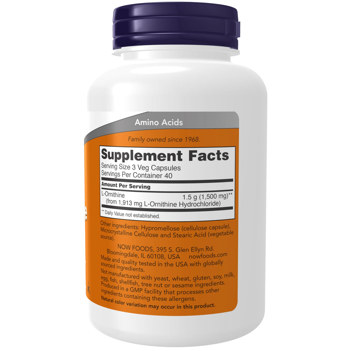 NOW Foods L-Ornithine 500 mg 120 Veg Capsules side view