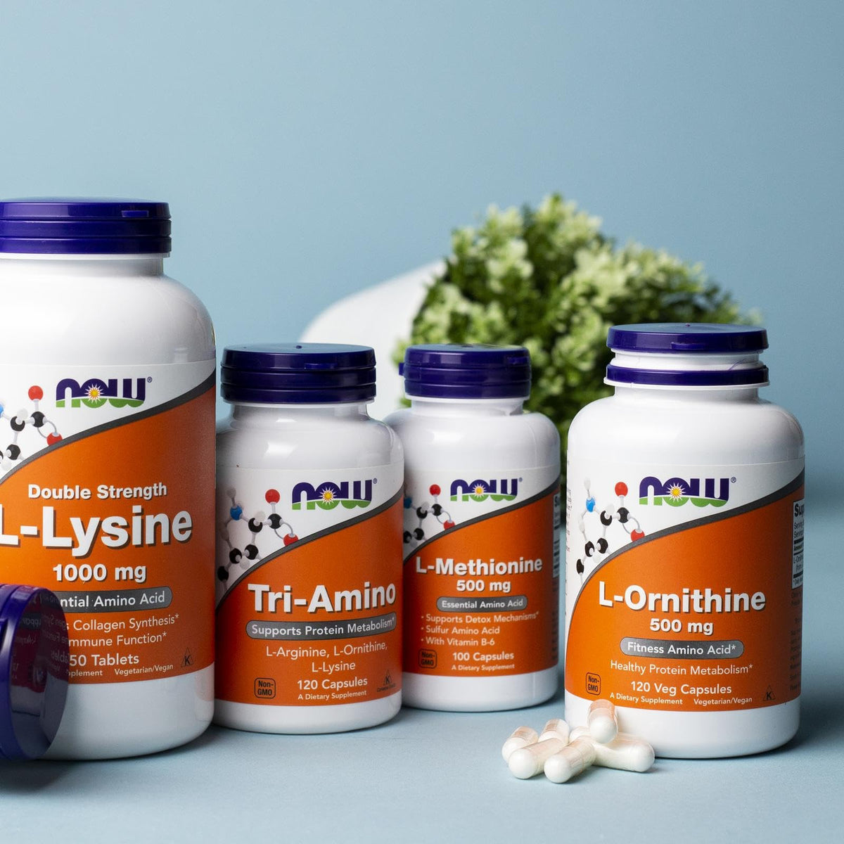NOW Foods L-Ornithine 500 mg 120 Veg Capsules with measuring spoon