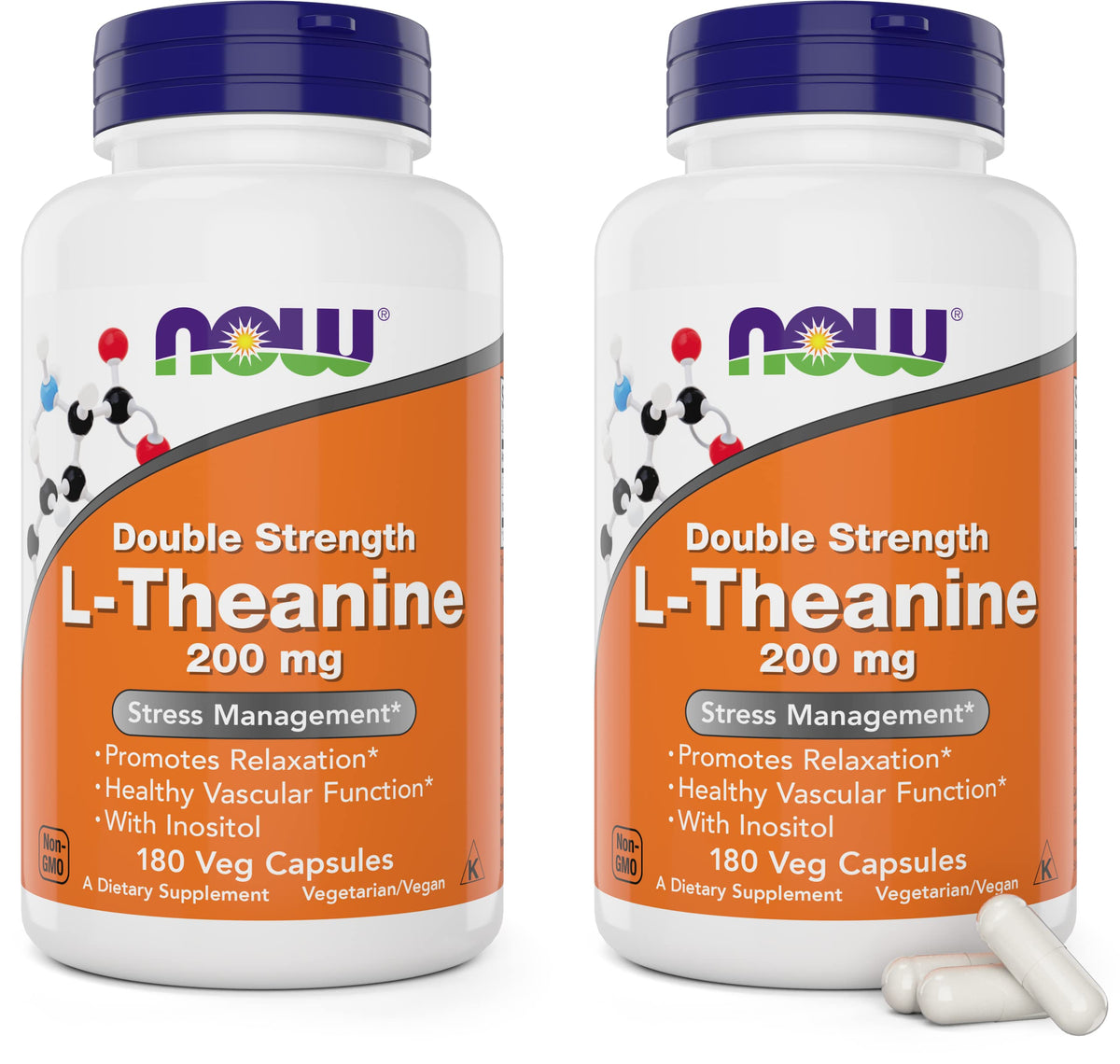 NOW Foods L-Theanine 200 mg 180 capsules végétales vue de face