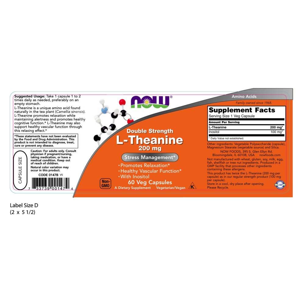 NOW Foods L-Theanine 200 mg 60 capsules végétales emballage
