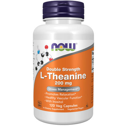 NOW Foods L-Theanine 200 mg avec Inositol, 120 capsules végétales, vue de face