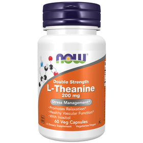 NOW Foods L-Theanine 200 mg avec Inositol, 60 capsules végétales, vue de l'emballage