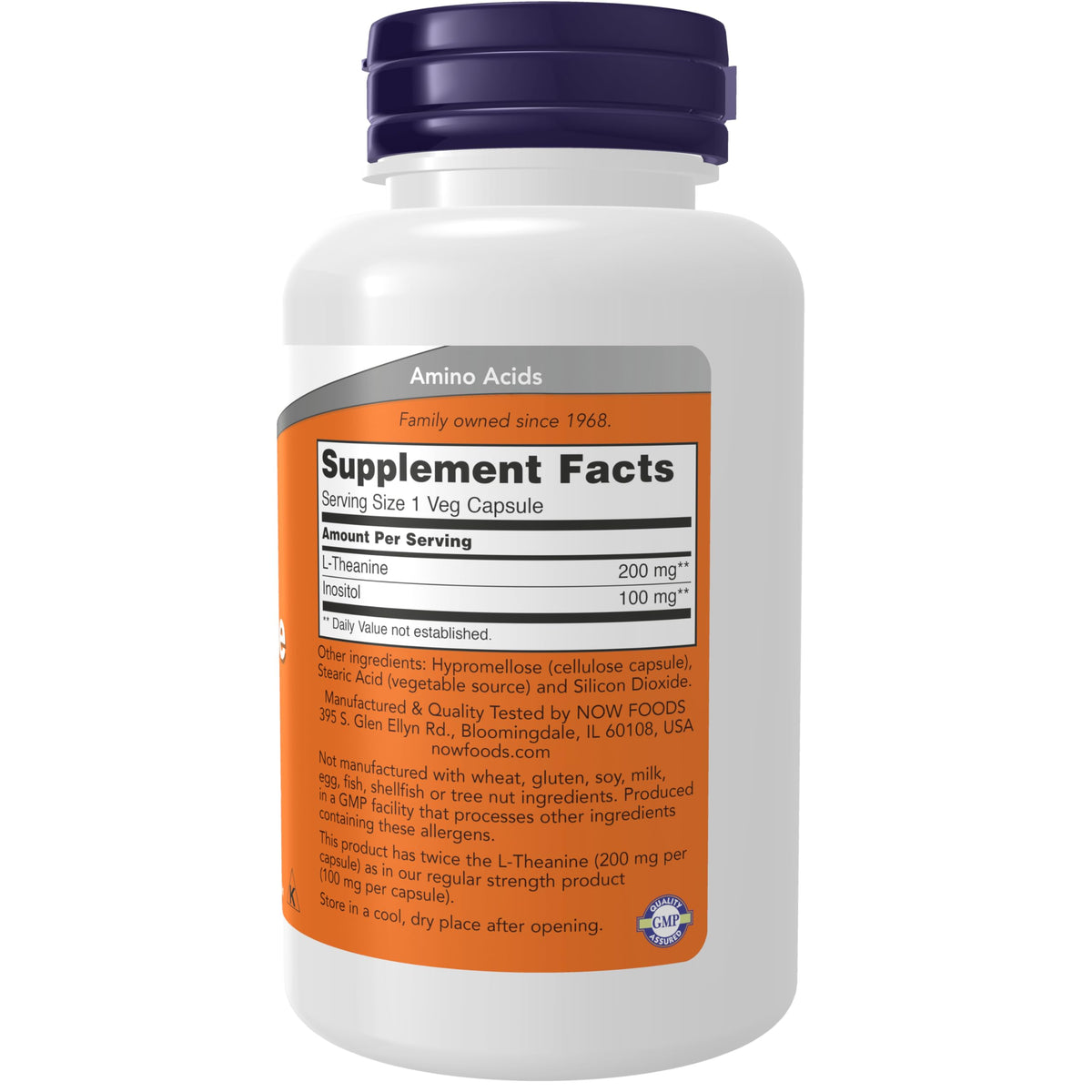 NOW Foods L-Theanine 200 mg avec Inositol, emballage et informations nutritionnelles