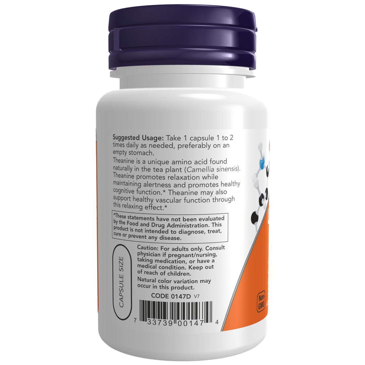 NOW Foods L-Theanine 200 mg avec Inositol, étiquette du produit