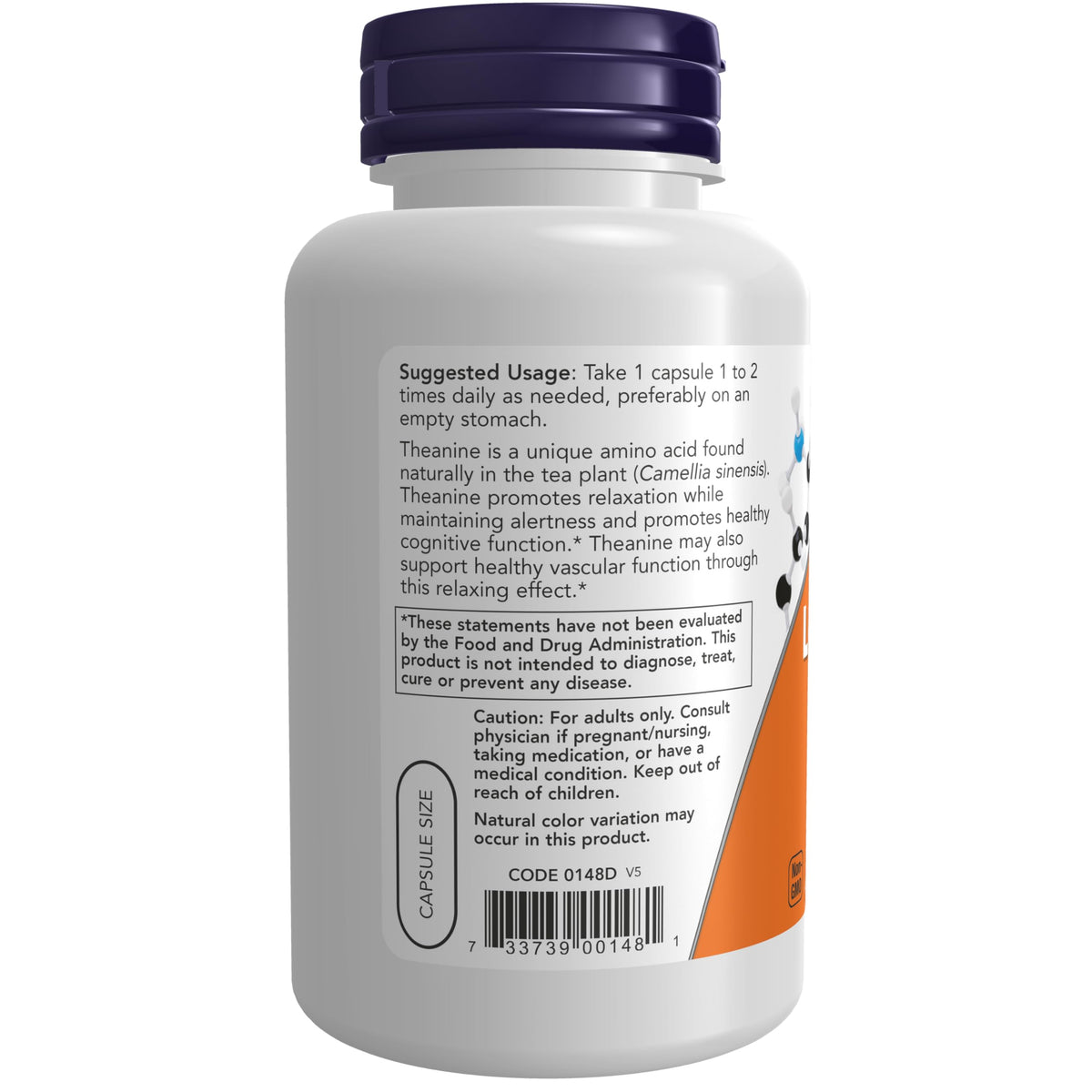 NOW Foods L-Theanine 200 mg, capsules végétales sur un fond neutre