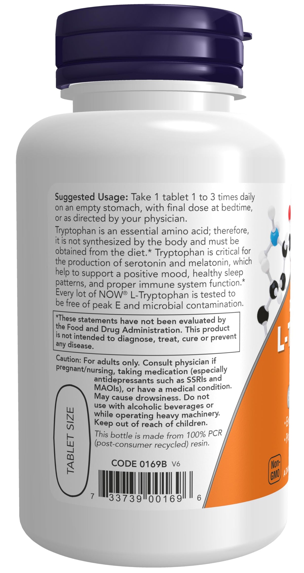 NOW Foods L-Tryptophan 1000 mg comprimés sur fond blanc