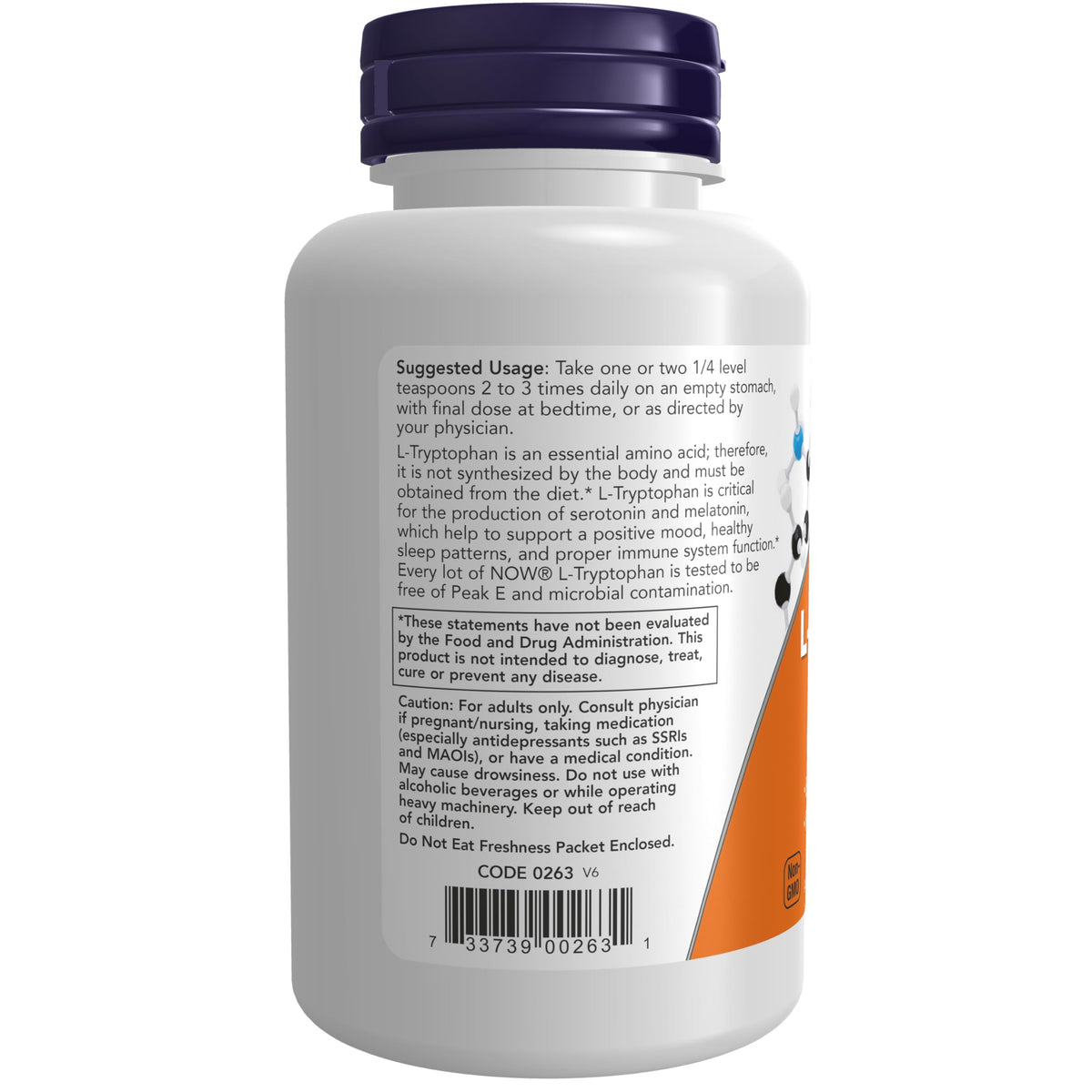 NOW Foods L-Tryptophan Poudre 240g, vue de côté