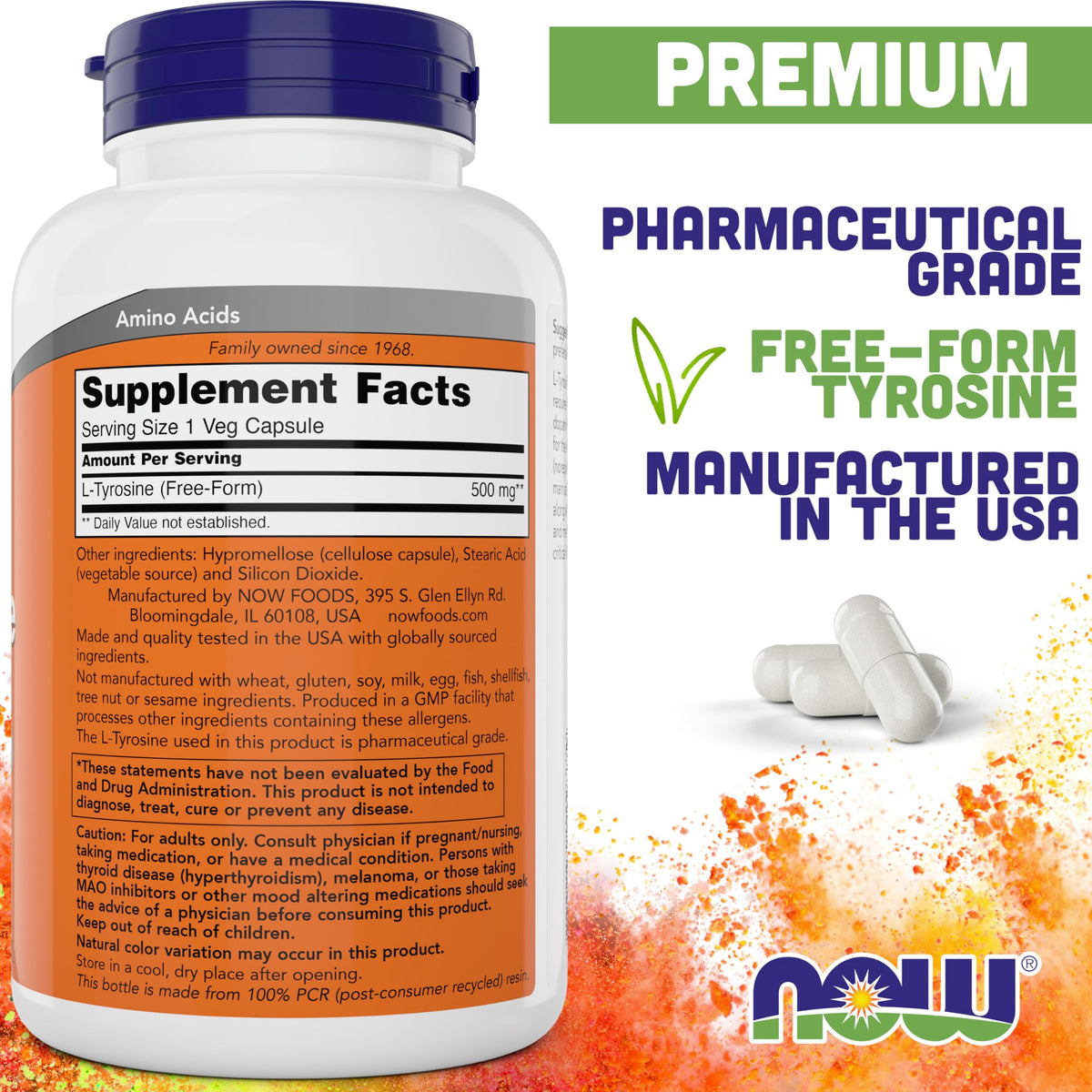 NOW Foods L-Tyrosine 500mg 300 Capsules bouteille ouverte