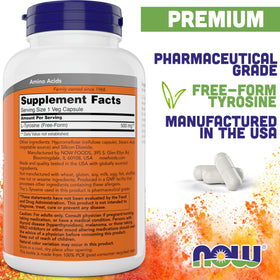 NOW Foods L-Tyrosine 500mg 300 Capsules bouteille ouverte