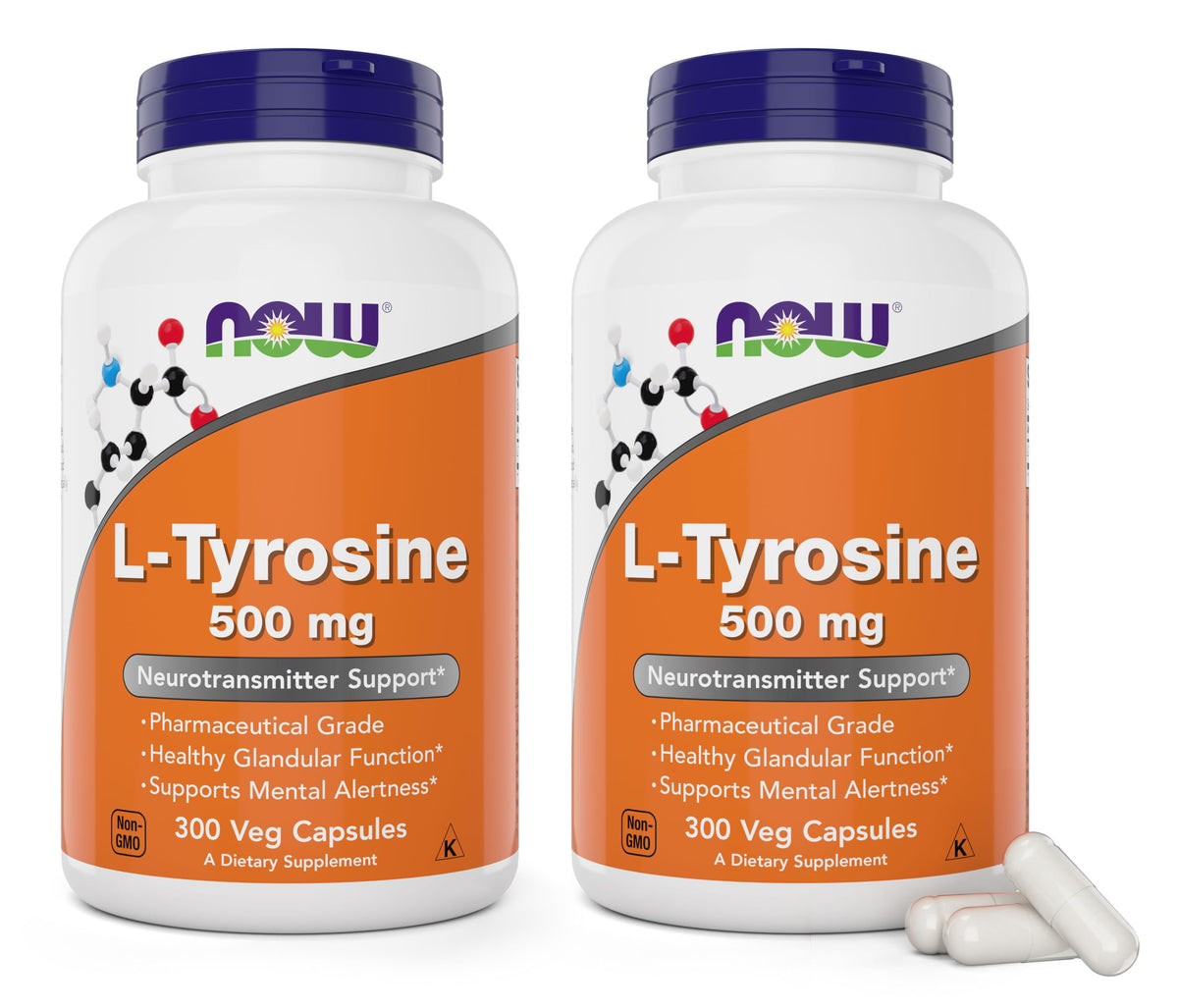NOW Foods L-Tyrosine 500mg 300 Capsules Pack de 2 vue de face