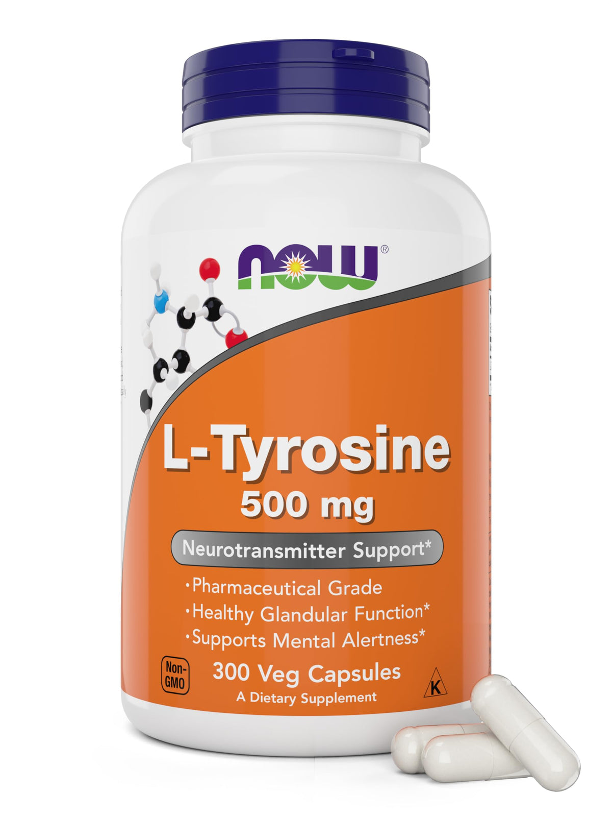 NOW Foods L-Tyrosine 500mg 300 capsules vue de face