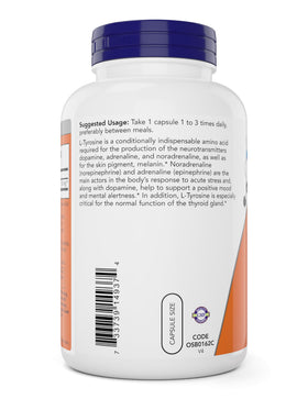 NOW Foods L-Tyrosine 500mg capsules ouvertes sur une surface